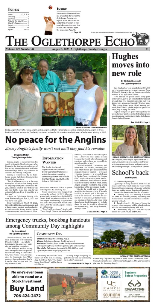 Front Cover of August 3, 2023 edition of The Oglethorpe Echo