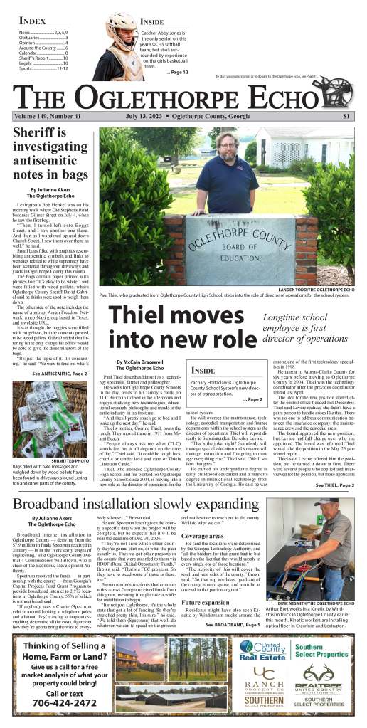Front Cover of July 13, 2023 edition of The Oglethorpe Echo