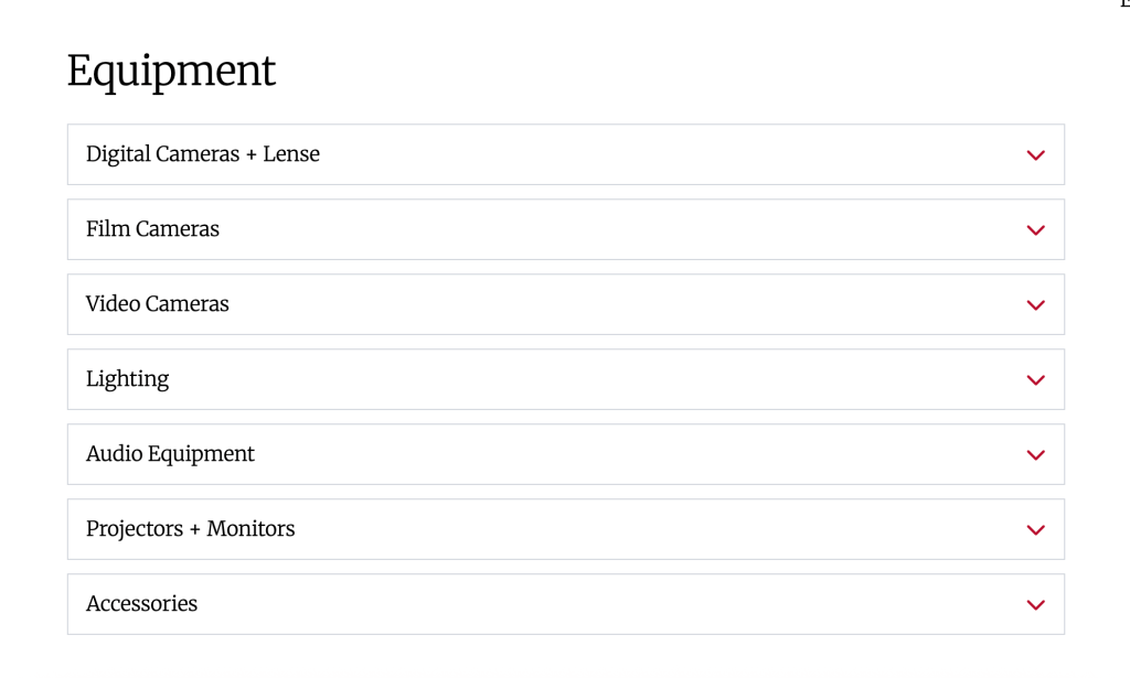 Accordion menu on the Lamar Dodd School of Art's website detailing the Checkout for Audiovisual Equipment's inventory