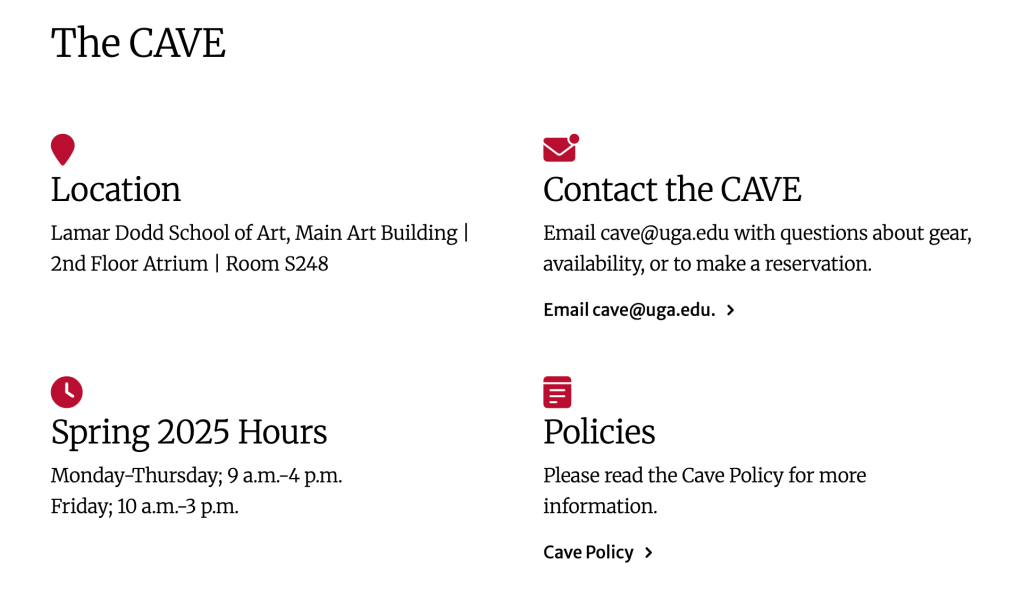 Key information about the Checkout for Audiovisual Equipment on the Lamar Dodd School of Art's website.