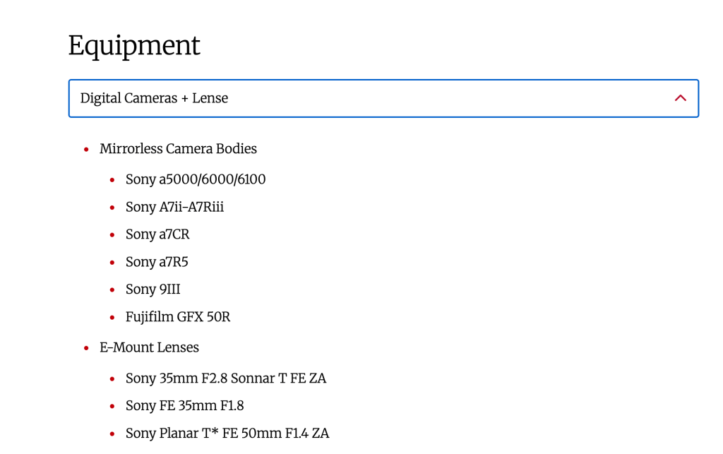 Opened accordion menu on the Lamar Dodd School of Art's website detailing the Checkout for Audiovisual Equipment's inventory