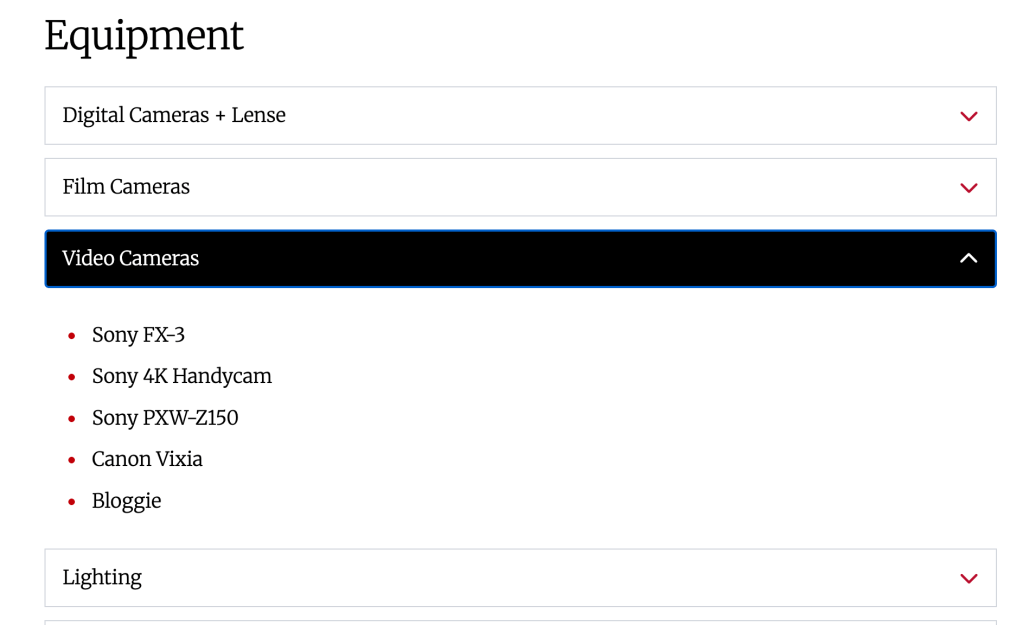 Opened accordion menu on the Lamar Dodd School of Art's website detailing the Checkout for Audiovisual Equipment's inventory